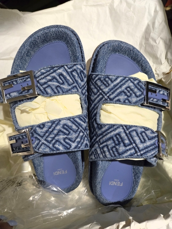 Fendi Shoes - Fendi Women's Denim Blue Monogram Double-Buckle Slide Sandals